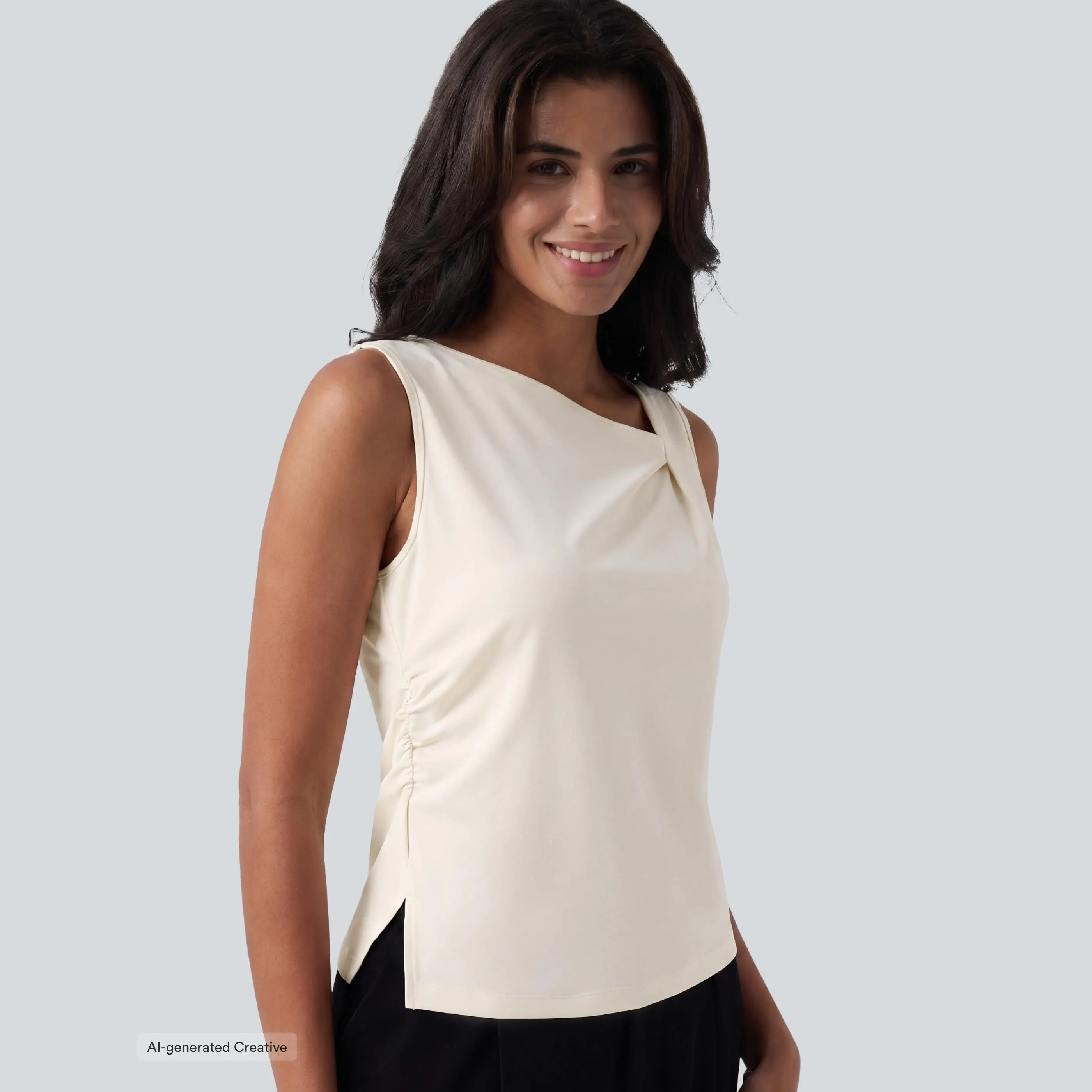 Halara Asymmetric Cowl Neck Sleeveless Ruched Split Hem Work Top
