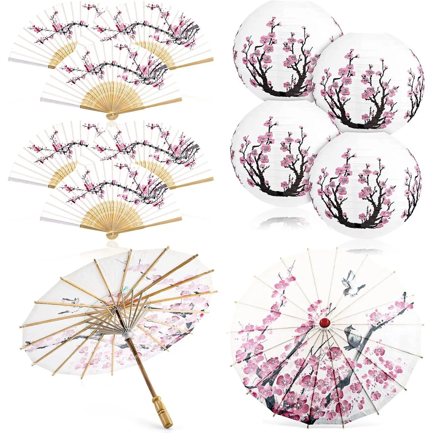 12 Pcs Cherry Japanese Blossom Decor Set Chinese New Year Decorations 4 Blossom Pink Paper Lanterns 2 Umbrella and 6 Handheld Silk Folding Fans for Wedding Party Favor, Dancing, Cosplay