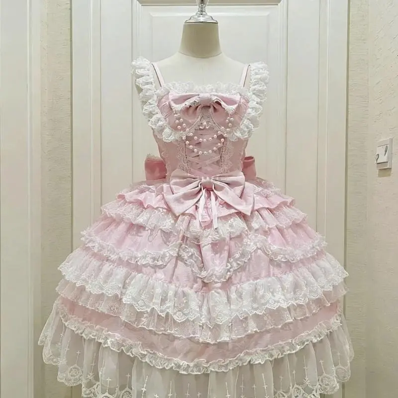 2026 Japanese Sweet Lolita Kawaii Elegant Dress Women Y2k Bow Design Princess Mini Dress Female Lace Birthday Party Chic Outfits