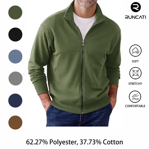 Runcati Mens Full Zip Up Sweatshirt Causal Lightweight Long Sleeve Jackets | No Hood Mock Neck Hoodies, Workout Running Athletic Active Track Jacket with Pockets, Fall Zipper Stand Collar Cardigan
