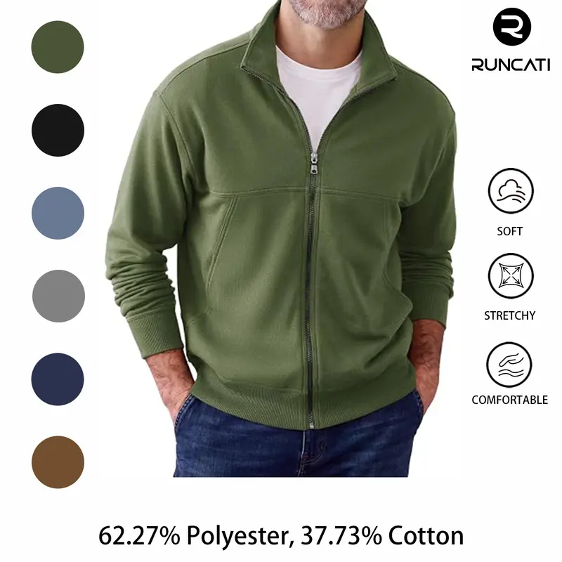 Runcati Mens Full Zip Up Sweatshirt Causal Lightweight Long Sleeve Jackets | No Hood Mock Neck Hoodies, Workout Running Athletic Active Track Jacket with Pockets, Fall Zipper Stand Collar Cardigan
