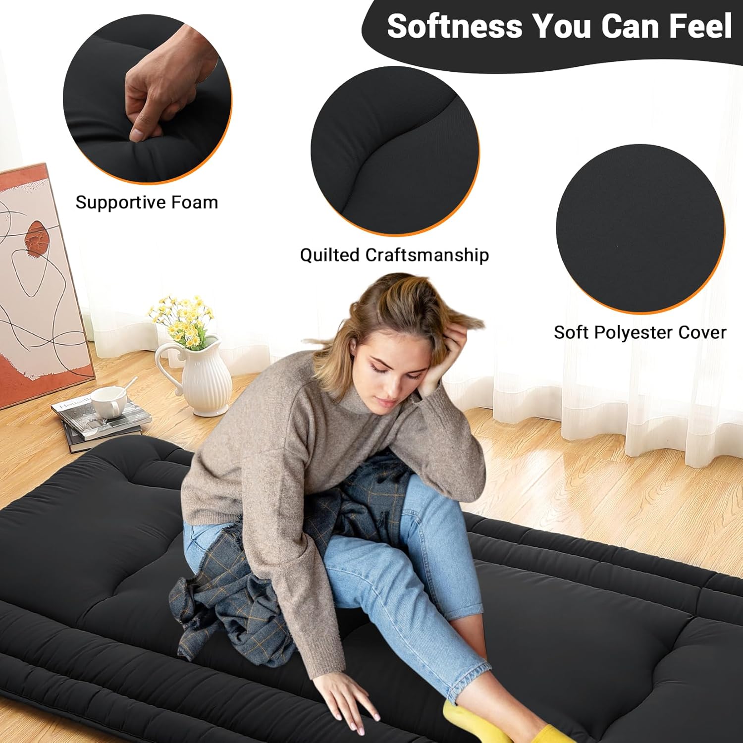 Twin Size / Full Size Futon Mattress, Japanese Floor Sleeping Mat Rollable Tatami Mattress for Dorm, Portable & Foldable Floor Mattress Sleeping Mattress Pad for RV Travel Camping