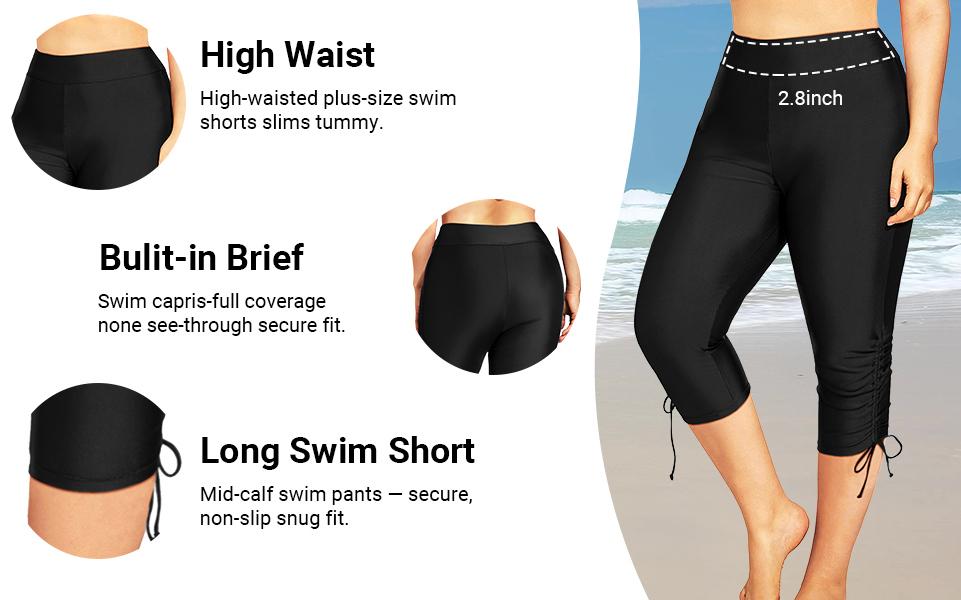 Holipick Womens Plus Size Swim Capris High Waisted Swim Pants Drawstring UPF50+ Long Swim Shorts Holipick Womens Plus Size Swim Capris High Waisted Swim Pants Drawstring UPF50+ Long Swim Shorts