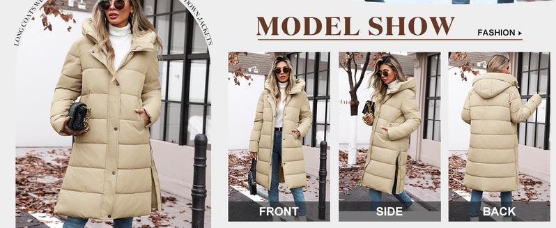Womens Winter Long Puffer Coat Thicken Ladies Down Quilted Jacket Puffy Padded Zip Hood Parka Side Zipper Trendy 2025