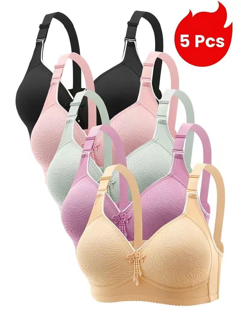 5PCS EssElegance Push-Up Jacquard Bra -Adjustable Support Straps & Wire-Free DailyComfort,Women's Lingerie & Underwear Seamless Wireless Supportive Elegant Style Fabric