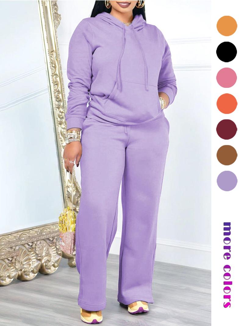 Two-Piece Set Women's Solid Drawstring Hoodie & High Waist Pants Set, Casual Long Sleeve Pocket Hooded Sweatshirt & Straight Leg Trousers for Spring & Fall, Ladies' Clothes for Daily Wear