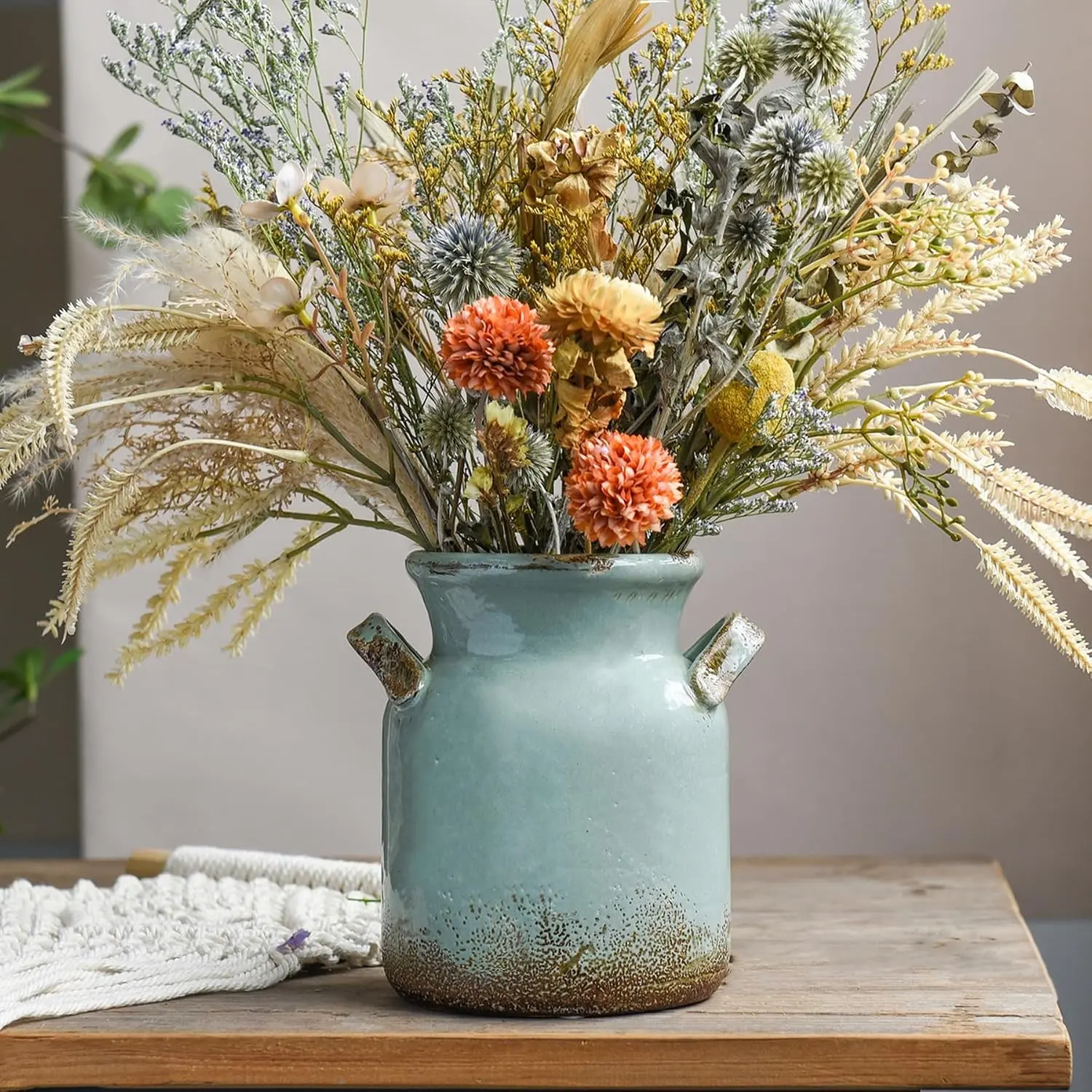 Ceramic Rustic Farmhouse Vase, Distressed Decorative Flower Vase for Home Decor, Green Boho Vase for Living Room Bedroom Kitchen Office Centerpiece Table DecorationsGift