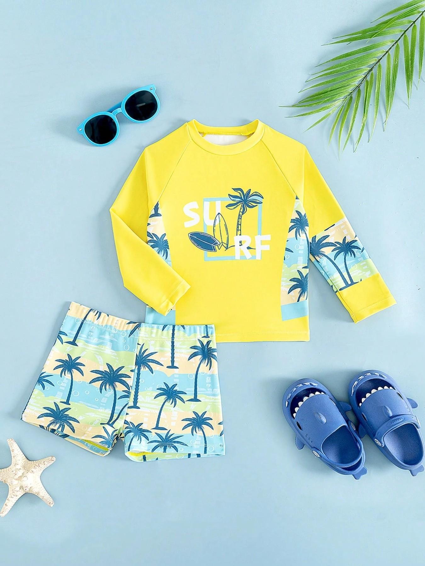 Surf Coconut Tree Swimsuit, Bright Colorblock Long Sleeve Sun Protection Quick-Dry Two-Piece Set, Kids Swimwear