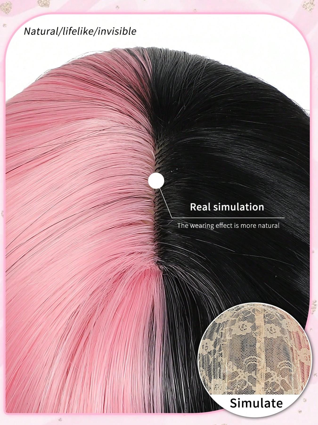 26 inch Cosplay Extension Hair Wig Pink And Black Color Synthetic Straight Hair Wig With Bangs Hair for women Wear Cosplay holiday Daily Halloween and Christmas New Year Carnival Music Festival