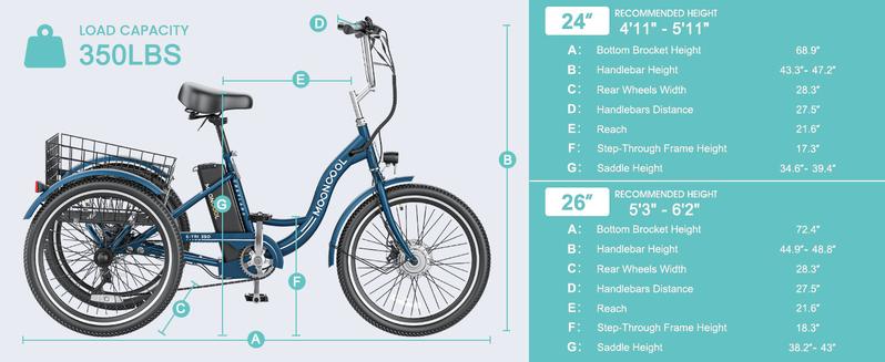 MOONCOOL MC 350 Electric Trike, 24/26 Inches 7 Speeds 3 Wheels Electric Bikes for Adults, 350W Motorized Electric tricycle with 10.4Ah Removable Battery 16MPH