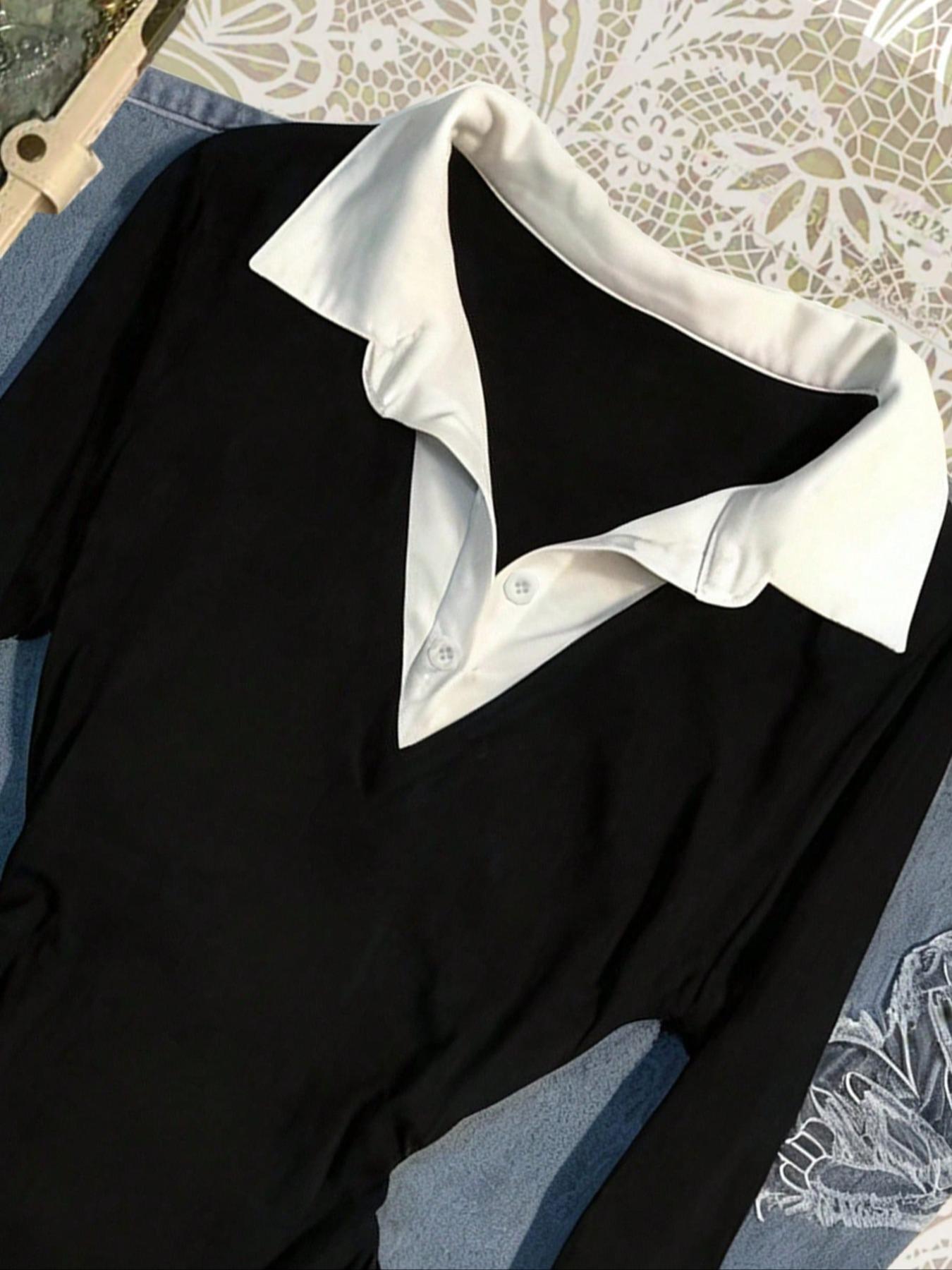 Women's Colorblock patchwork Faux Two-piece Shirt Collar Slim Fit Long Sleeve Top, Simple Comfortable Daily Wear,Versatile Stylish Blouse