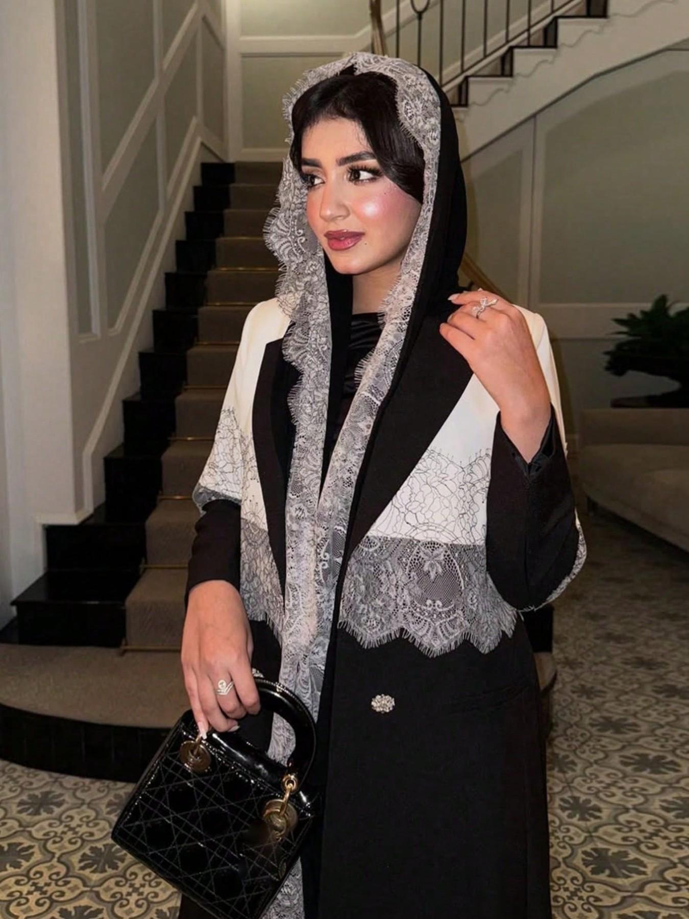 Lace Patchwork Blazer Coat, Elegant Long Cardigan with Scarf, Loose-Fitting Outerwear for All Seasons