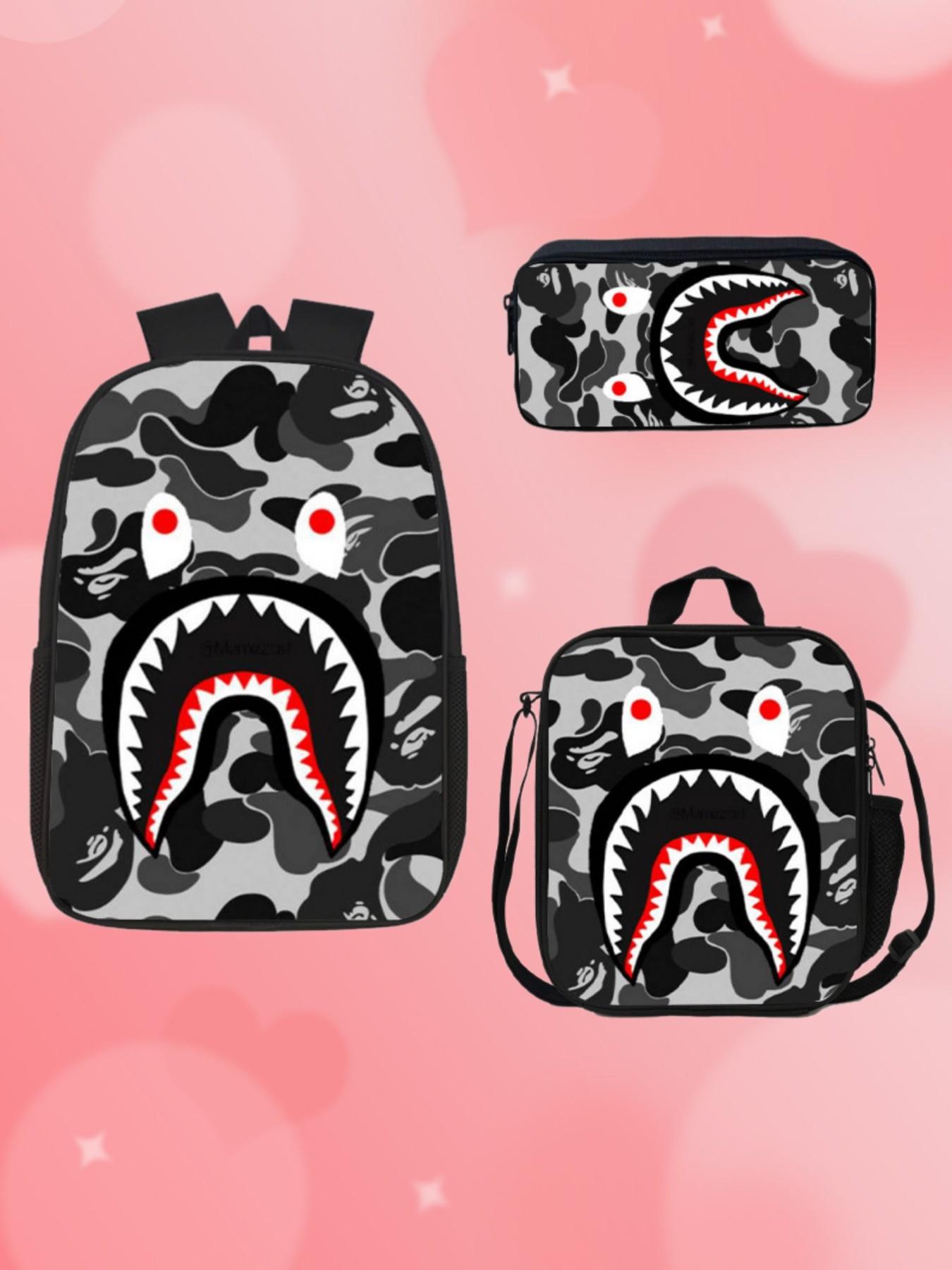 Shark Mouth Three-Piece Backpack Set, Camouflage Student Shoulder Bag Set, Large Capacity School Backpack for Boys and Girls