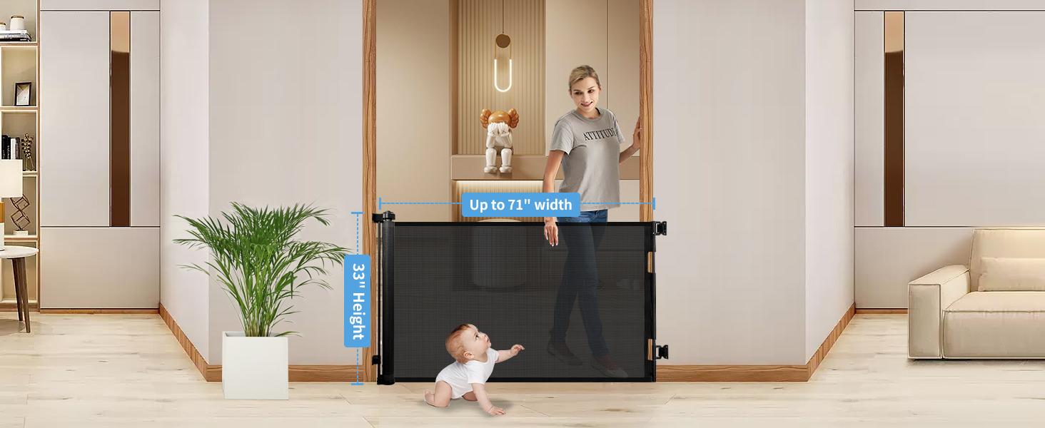 Retractable Baby Gate,Mesh Baby Gate or Mesh Dog Gate,33.6" Tall,Extends up to 55"71" 118"168"197"Wide,Child Safety Gate for Doorways,Stairs,Hallways,Indoor/Outdoor（black/grey）