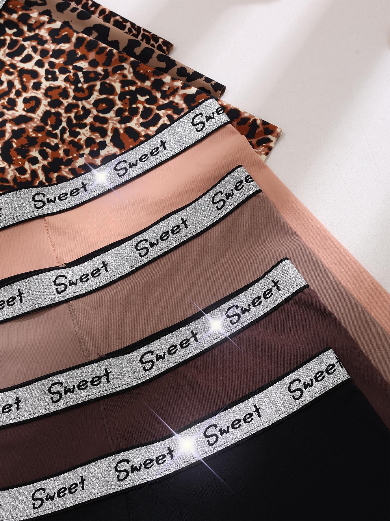 Women's Leopard & Plain Print Contrast Letter Tape High Waisted Boxer Brief, Soft Comfy Breathable Panty for Daily Wear, Underwear for All Seasons