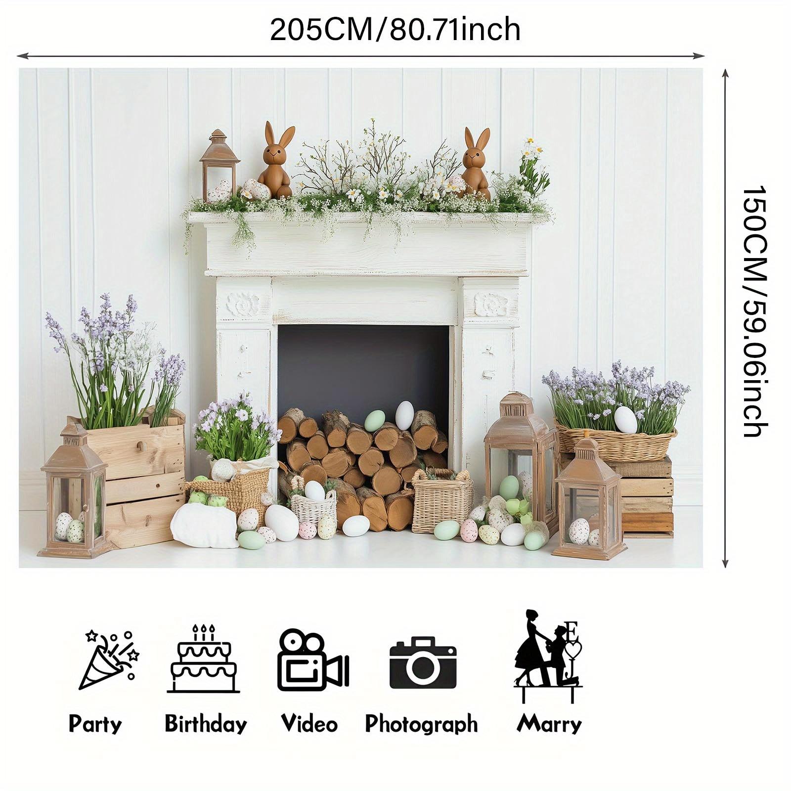 1pc White Fireplace Easter Bunny & Eggs Backdrop Banner - Rustic Spring Decor with Greenery, Wooden Logs & Lanterns for Home, Garden, Parties & Themed Events, Easy Hanging Indoor/Outdoor Use, Festive Backdrop | Springtime Ambiance | Pastel Colored
