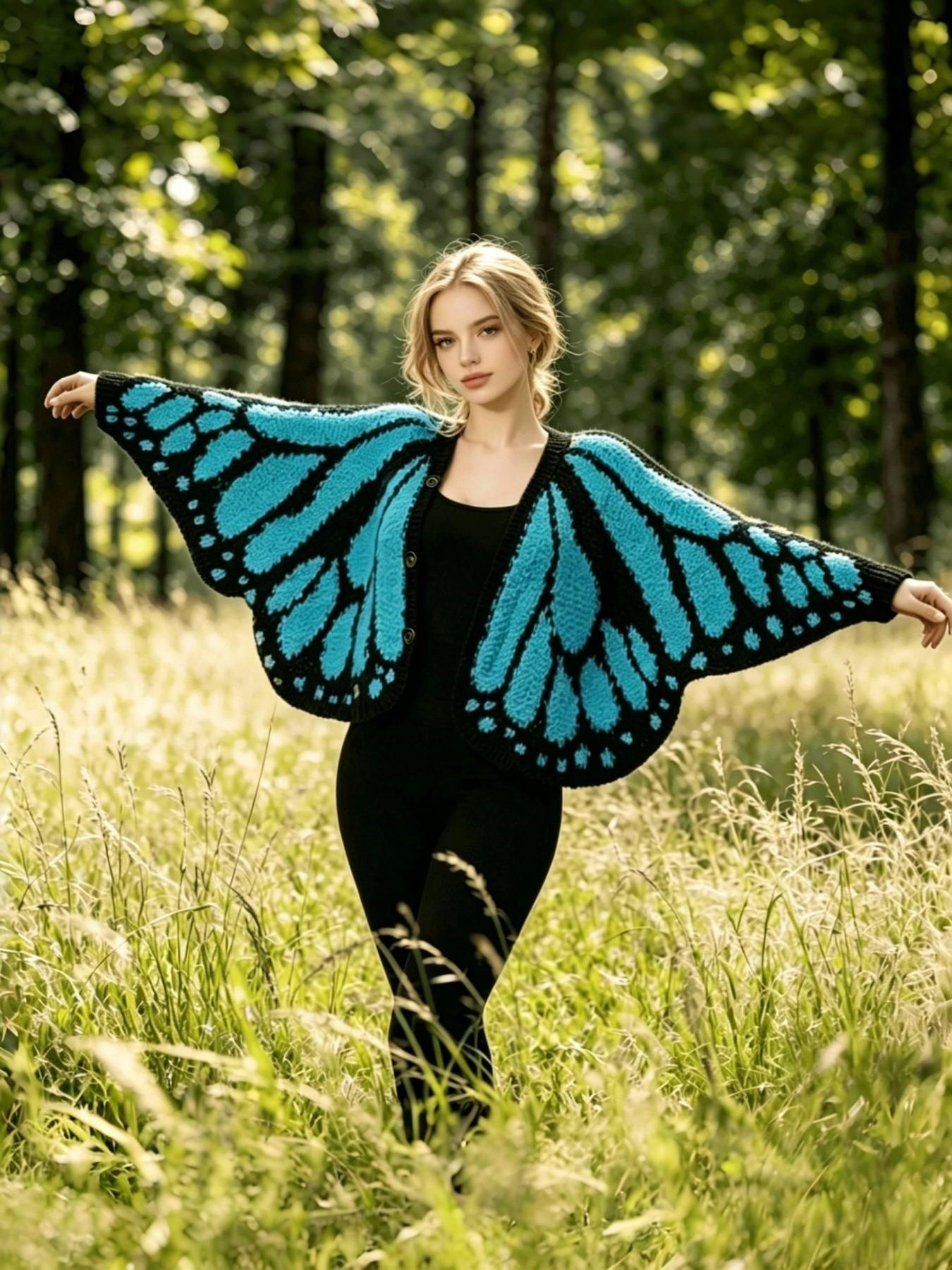 Emperor Butterfly Cape Shawl, Knitted Asymmetrical Open Front Sweater, Hand-Knitted Butterfly Shawl, Decorative Shawl for Women, Fashion Knit Shawl