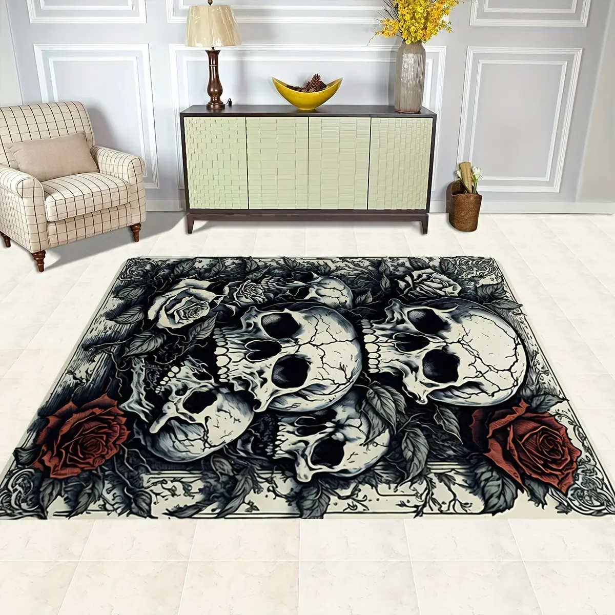 Vintage Skull and Red Rose Large Area Rug - Gothic Tattoo Style Indoor Decor Floor Carpet, Non Slip Area Rug for Living Room Bedroom Game Room Man Cave Halloween Home Decor