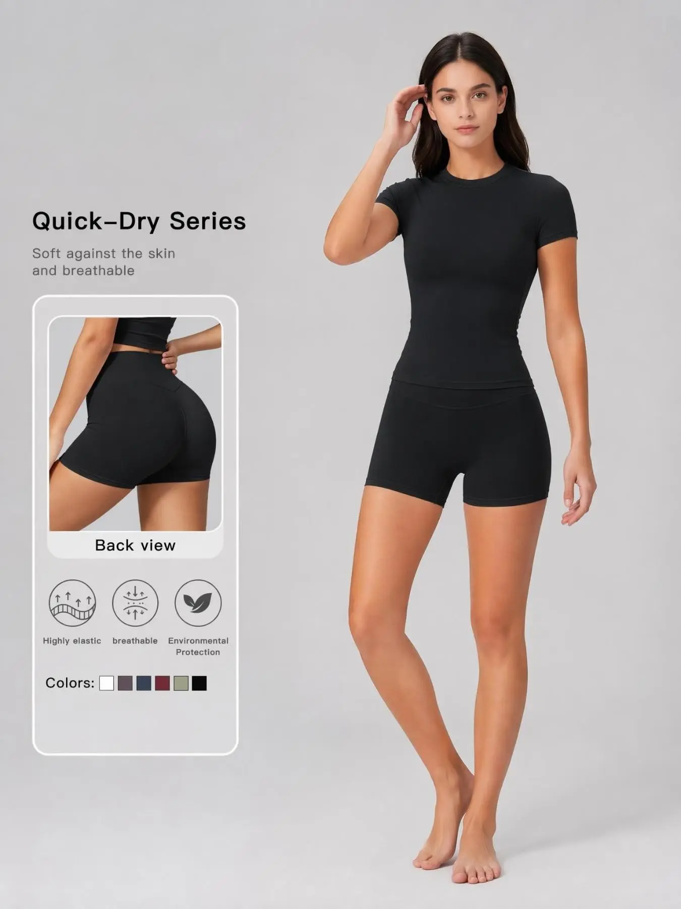 ST8891 High-Waisted Cycling Pants Slim Fit, Short Sleeve T-Shirt Sporty Style, Plain Surface Unlined, Daily Training Two-Piece Set