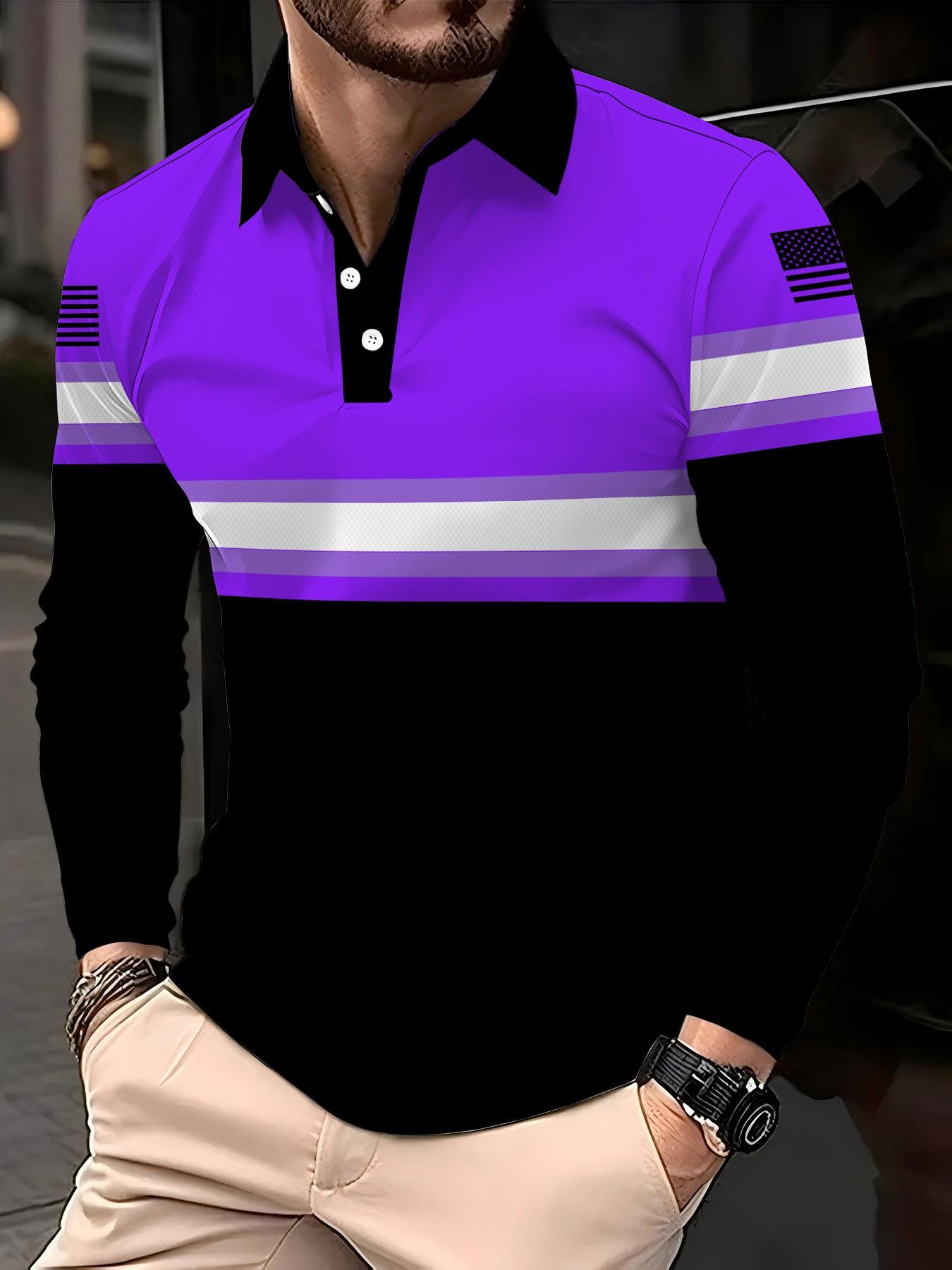 Men's Reflective Stripe Long Sleeve Polo Shirt, Construction Safety Workwear, Colorblock Lapel, 3D Print Top, Fall & Winter Casual Style