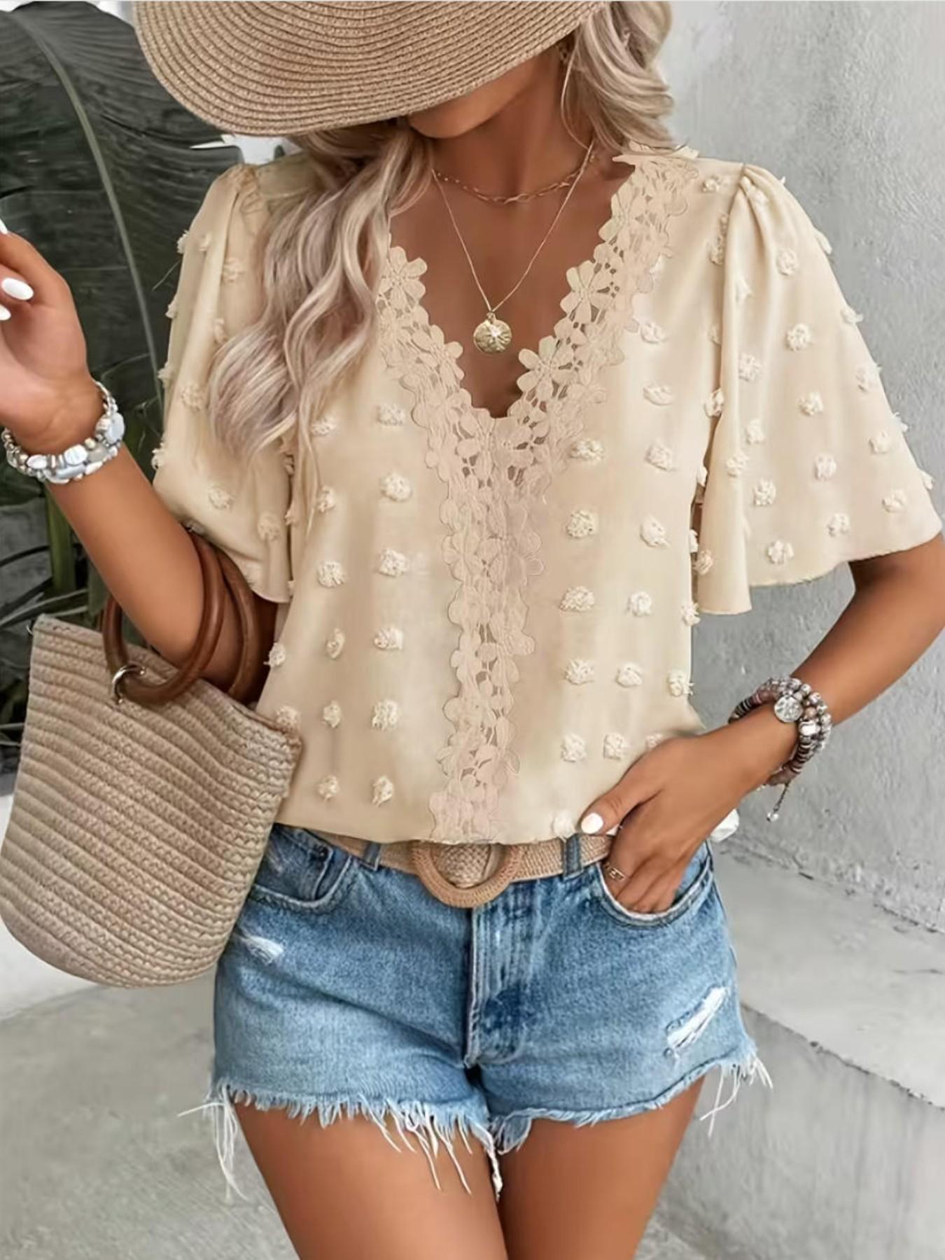 Women's Elegant Swiss Dot Butterfly Sleeve Lace Trim Shirt, Short Sleeve Commuter Top, Loose-Fit Casual Light Summer Blouse for Everyday Wear