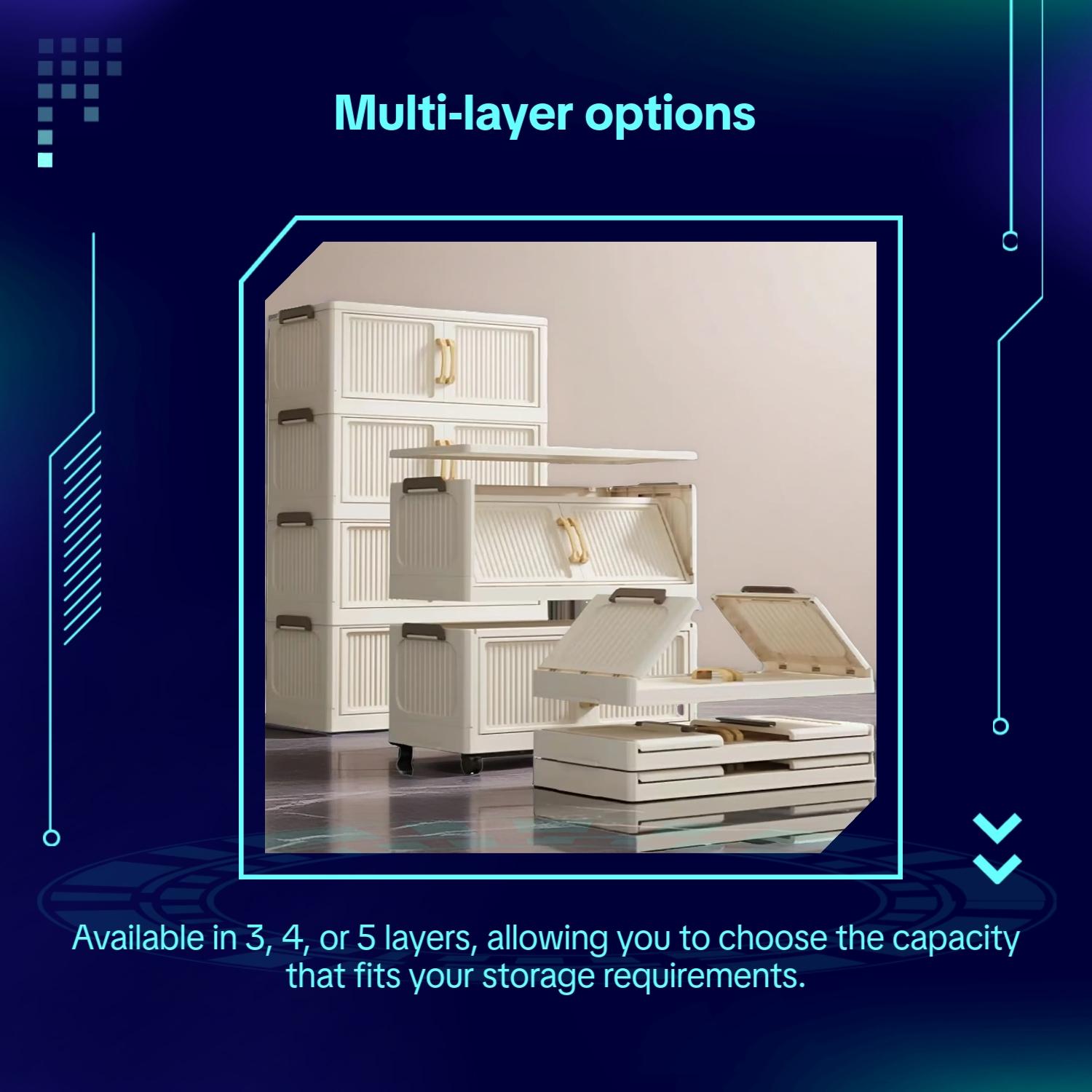 Stackable storage boxes with lids and wheels, available in 5/4/3 layers; foldable plastic storage cabinets; wheeled storage trolleys; suitable for bedrooms, living rooms, kitchens, and offices.