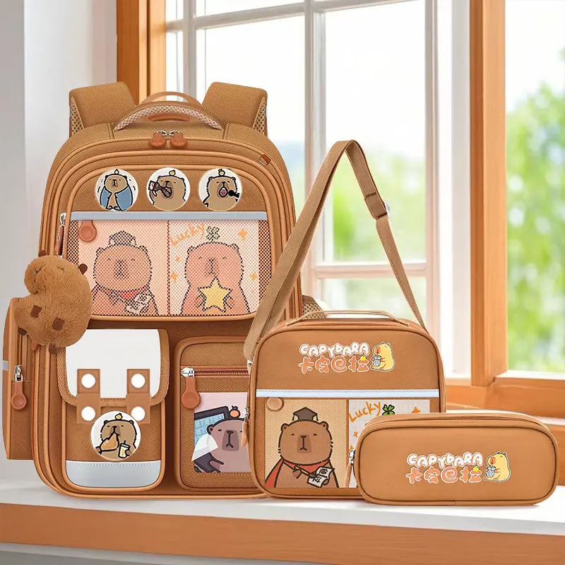 Three-piece set Cute Capybara Backpack with Chic Case and More Pins Bag Cartoon Laptop Travel Utility Funny Going Out Casual Bag