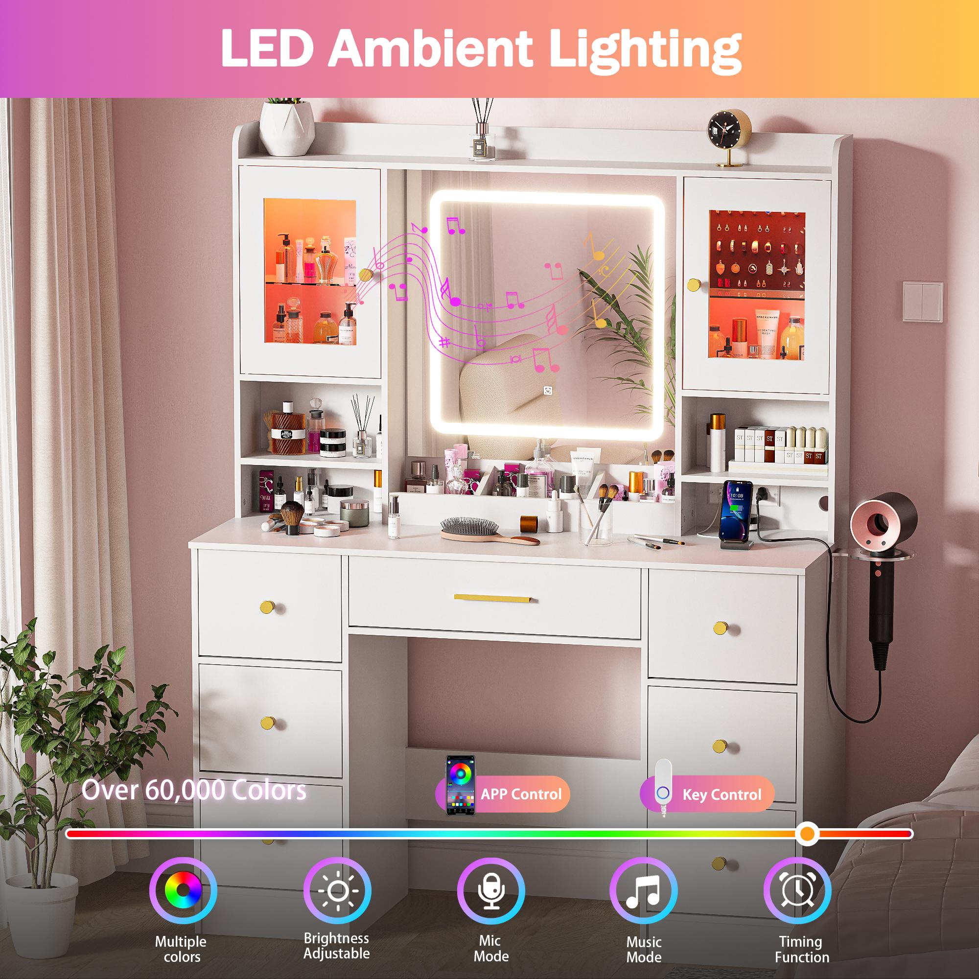 Vanity Desk with Mirror and Lights, with Power Outlet and LED Jewelry Cabinet Modern Capacity Makeup Vanity with 7 Drawers, Makeup Table for Bedroom,Makeup Room,White