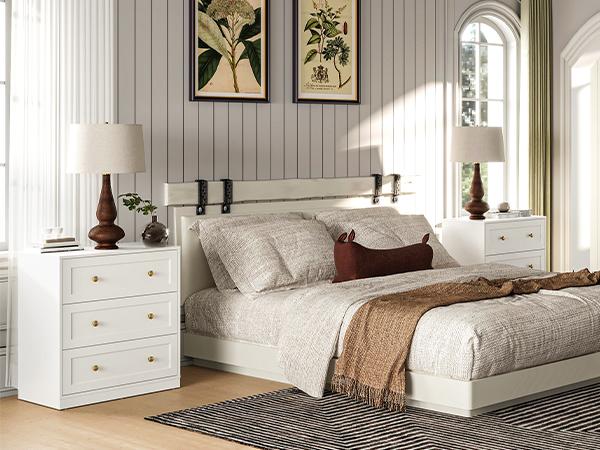 RoyalCraft 3 Drawer Dresser,Nightstand  with Golden Round Knobs, Large Bedside Table, Modern Wood End Table, Accent Side Table Chest of Drawers for Bedroom, Living Room, Hallway, Closet, White