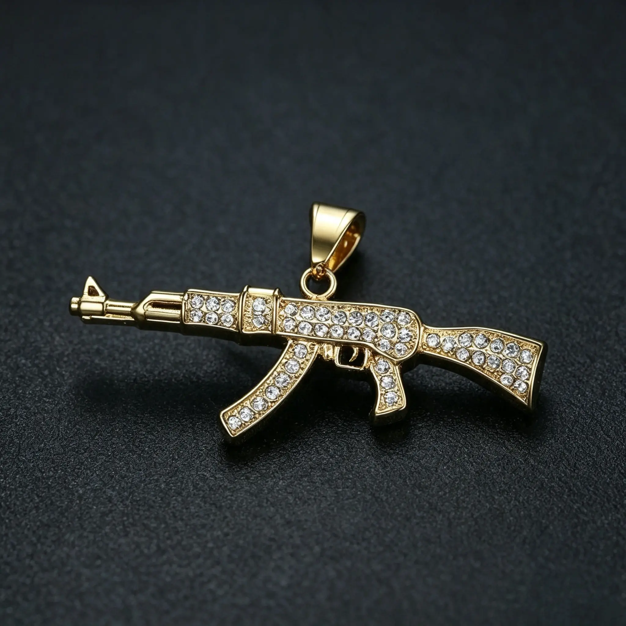 European Hip-Hop Jewelry Set, Stainless Steel Plated with Rhinestones, Ak47 Pendant Necklace, Separate Pendant and Chain