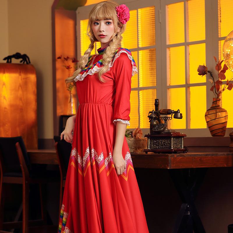 Mexican Folklorico Dress with Decorative Headdress Wide Flared Performance Skirt