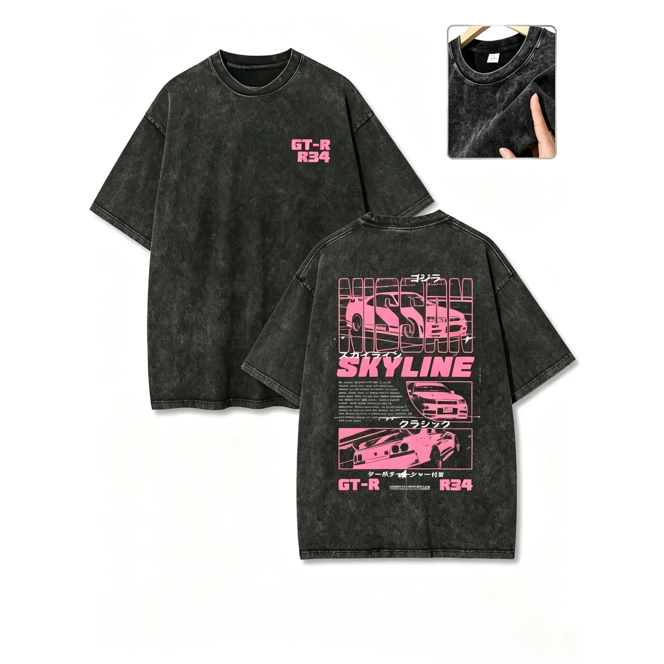 Heavyweight Vintage Wash GT-R R34 Skyline Graphic Tee Oversized Japanese JDM Racing Streetwear Y2K Car Lover Cotton T-Shirt Unisex