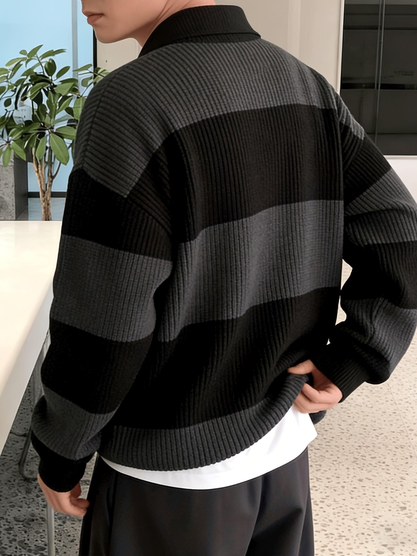 Men's Striped Lapel Half-Open Knit Polo Shirt, High-End Colorblock Sweater, Knitwear, American Vintage Style, Loose Fit, All Seasons, Casual