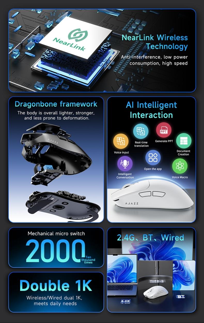 Mage Aj200 Nl Ai Mc Three-Mode Wireless Ai Mouse, Lithium Polymer Battery, Bluetooth-compatible Connectivity, Ergonomic Design, USB-C Charging