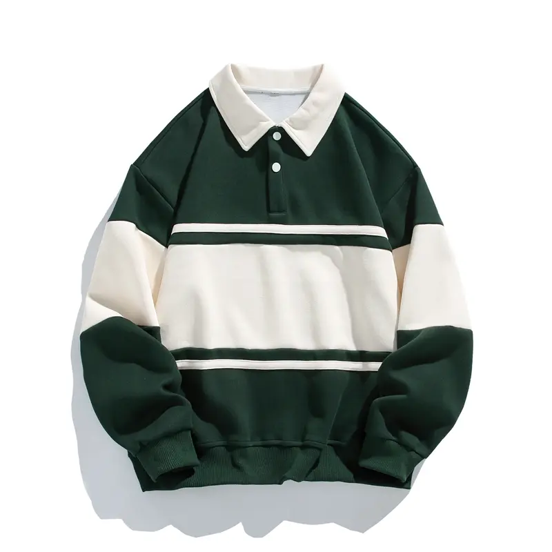 Men's American Retro-Style Striped Color-Blocked Collared Pullover Tops - Menswear, Relaxed Fit, Stylish, Dropped Shoulder, Lapel-Less, Campus Casual Long-Sleeved Unisex Sweatshirt, Vibe