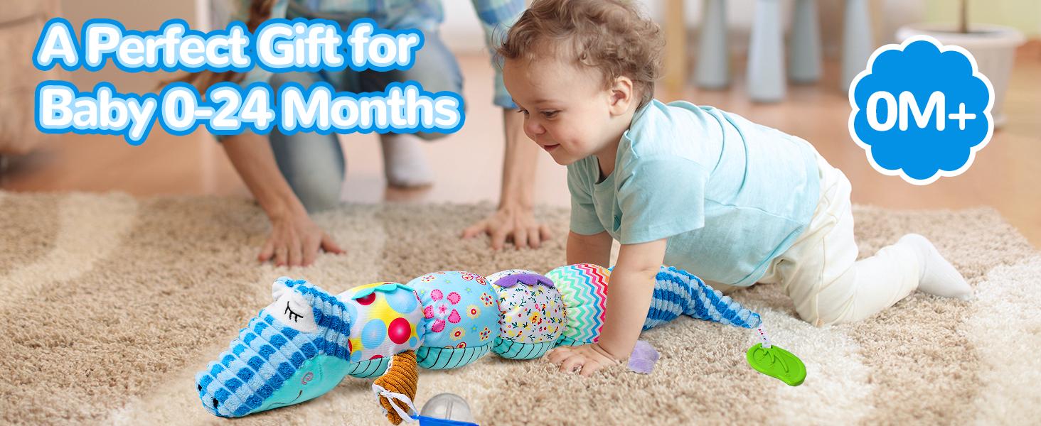 Dearlomum Newborn Baby Girl Gift Toys Infant Tummy Time Musical Stuffed Crocodile with Crinkle Rattle Textures Blue Interactive Duck Shaped Play