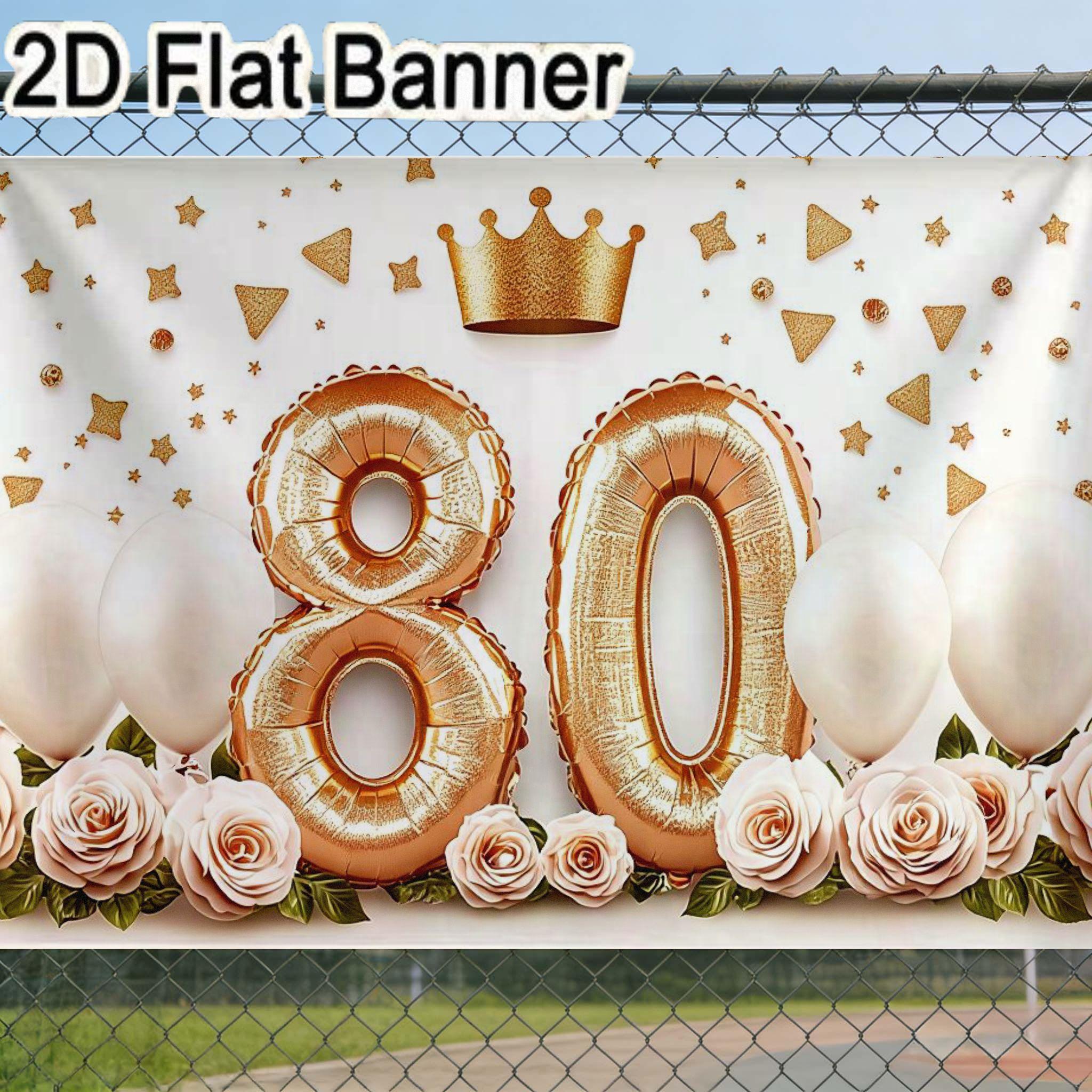 2D flat banner, 1pc80th Birthday Party Decorations, Gold Foil Number 80 Balloons Crown Shaped Balloon with Pink Roses & White Balloons, Gold Confetti Background, Festive Celebration Decor for Milestone Event
