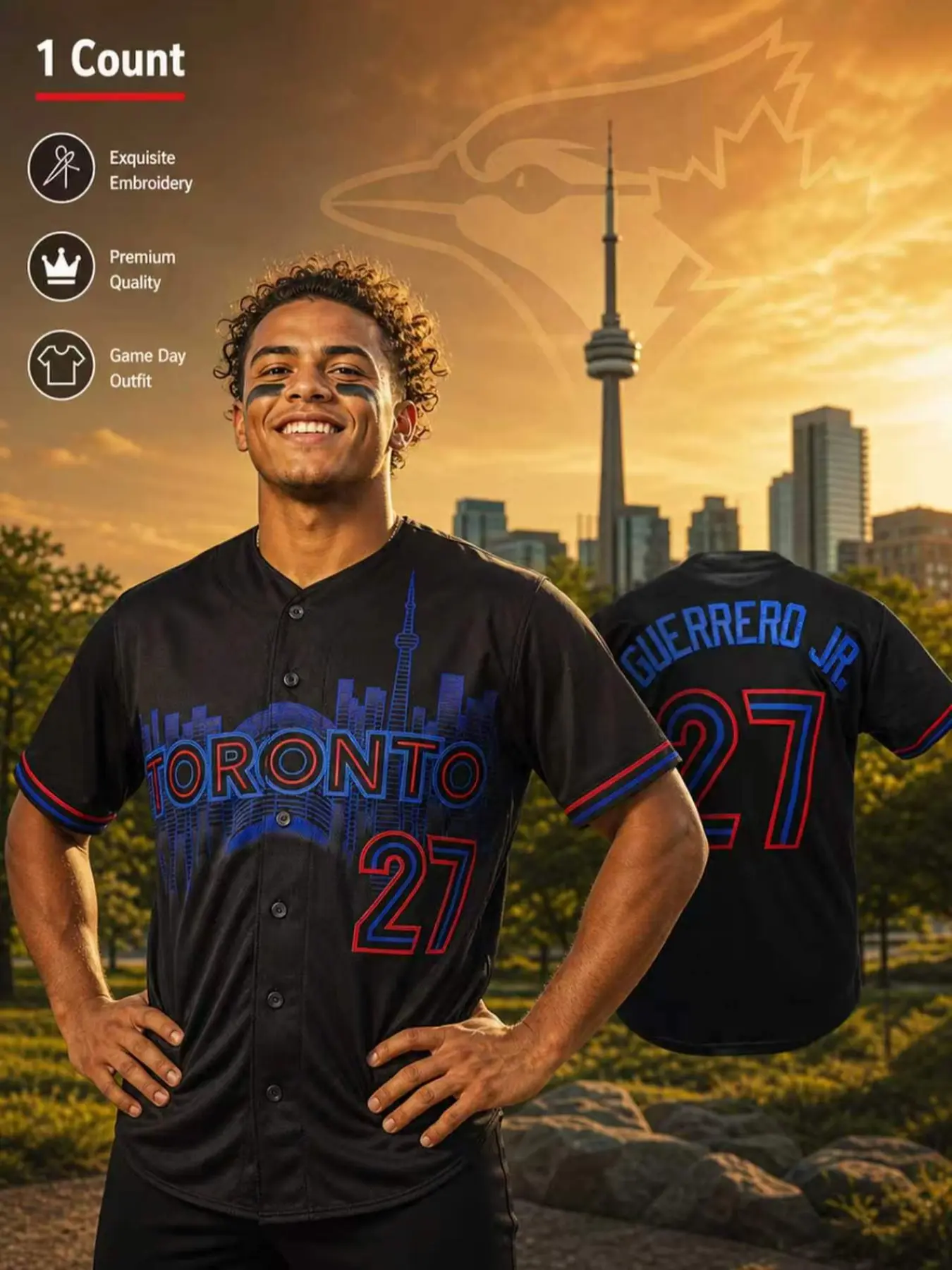 KTYSDE Men's Baseball Jersey #27 Guerrero Jr Toronto City Skyline Embroidered Button Down Short Sleeve Casual Sports Fan Shirt