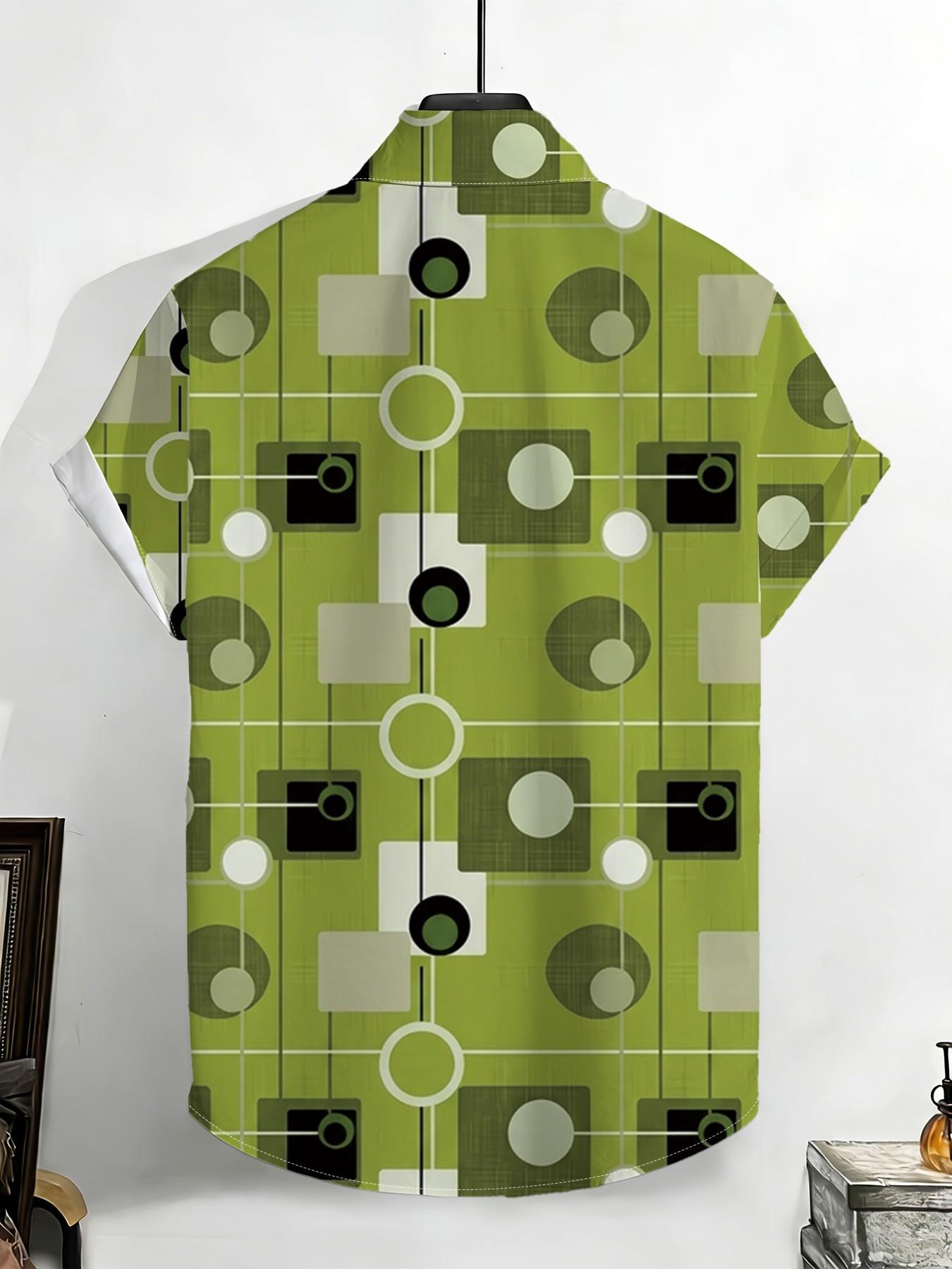 New Summer Men's Short Sleeve Shirt, Vintage Geometric Pattern, Casual Breathable Beach Holiday Hawaiian Shirt, Slim-Fitting