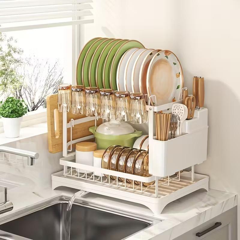 Countertop dish draining rack with removable drain tray and knife, fork and chopstick storage rack