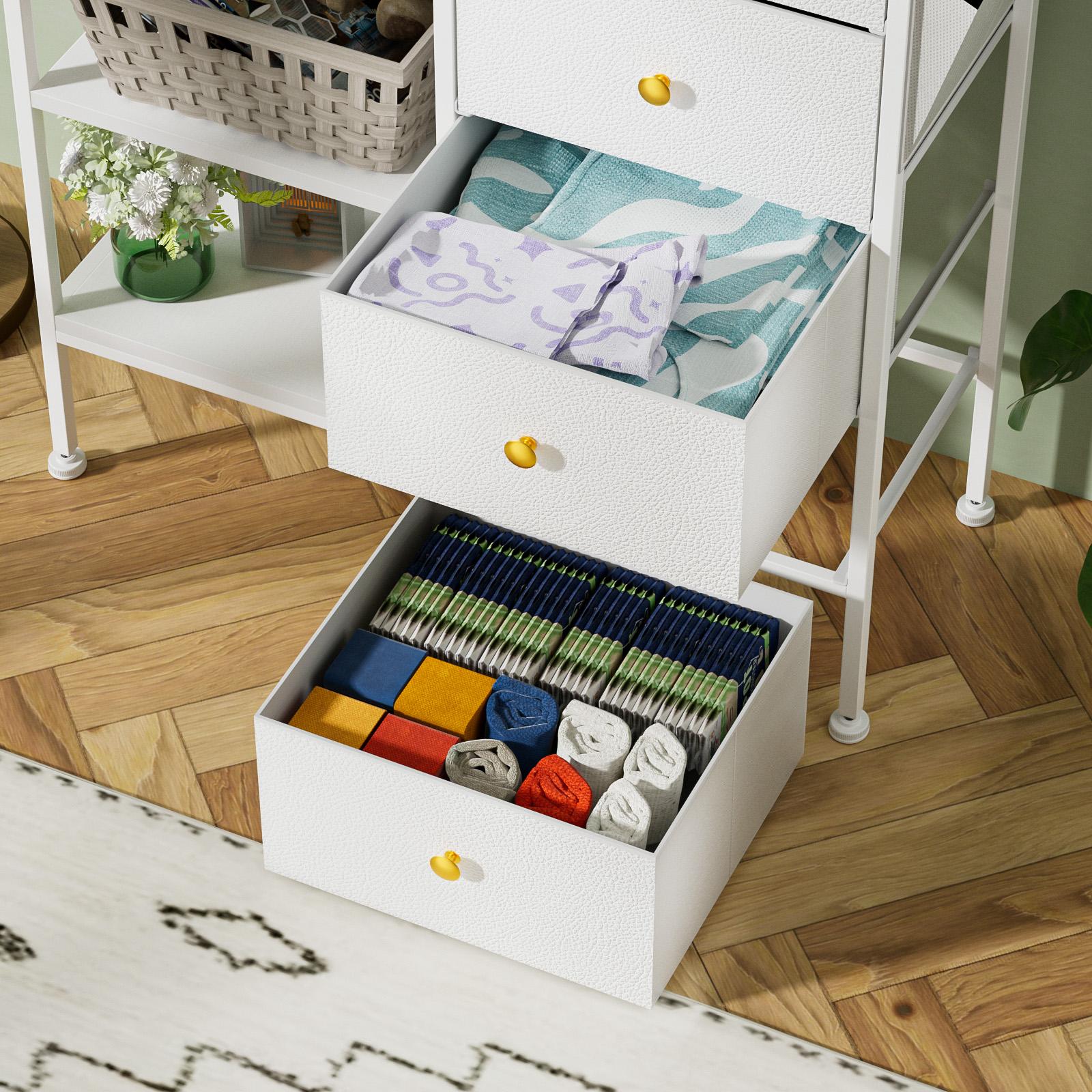 Tall Nightstand with LED Light & Charging Station – Bedside Table with 4 Drawers & 3-Tier Open Shelf, Modern Storage Cabinet with Wood Top & Metal Frame for Bedroom, Living Room, Apartment, 28.3"W x 11.4"D x 31.9"H