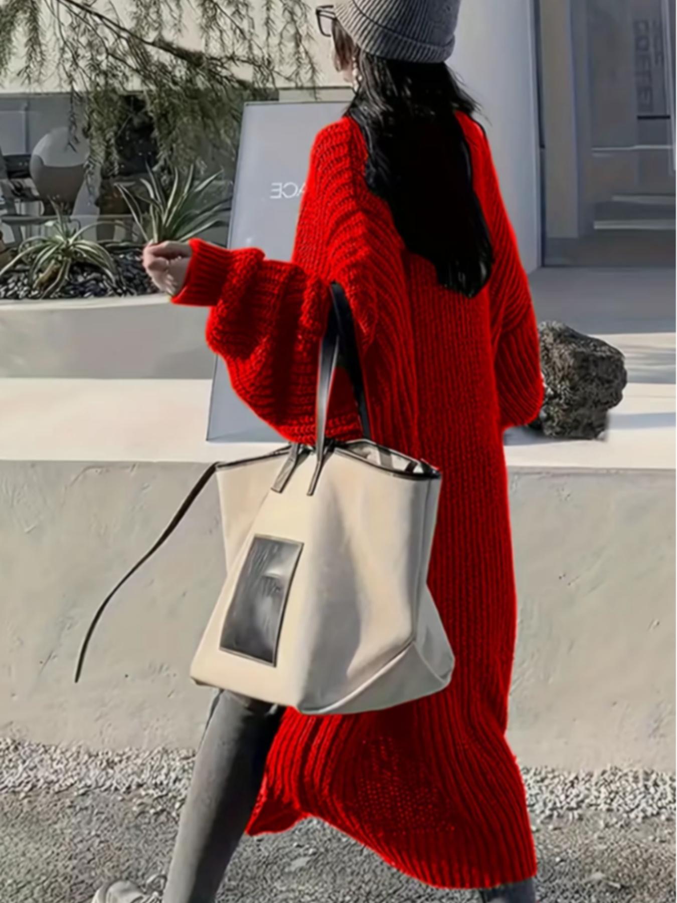 2026 Elegant Long Over Knee Sweater Cardigan For Women, Fall Winter New Casual Loose Thick Knit Coat, Trendy Fashion Outerwear, Knitted Cardigan Tops