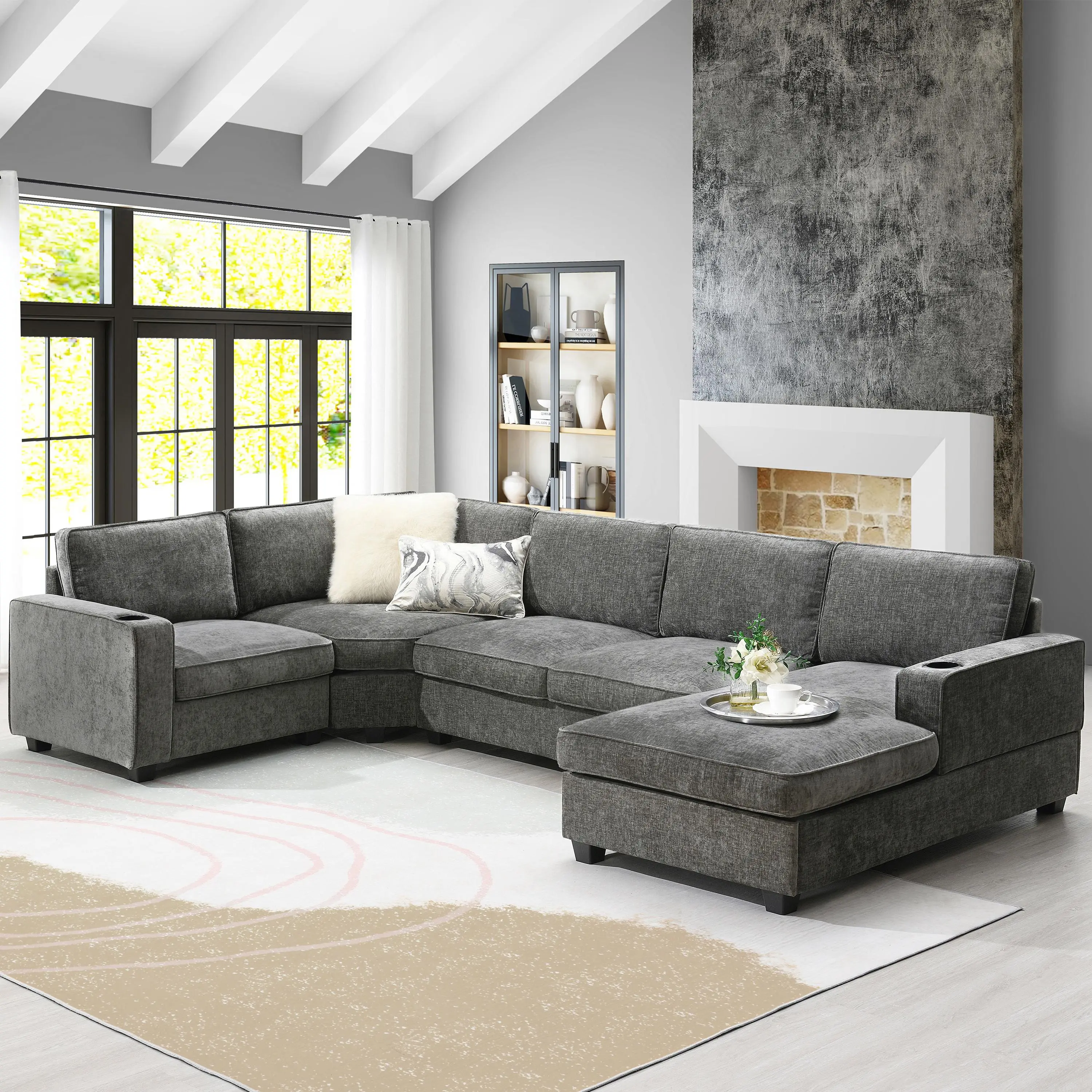117.5" U-Shaped Sectional Sofa, 6-Seat Chenille Corner Couch with Cup Holders and Oversized Chaise Lounge for Living Room and Apartment
