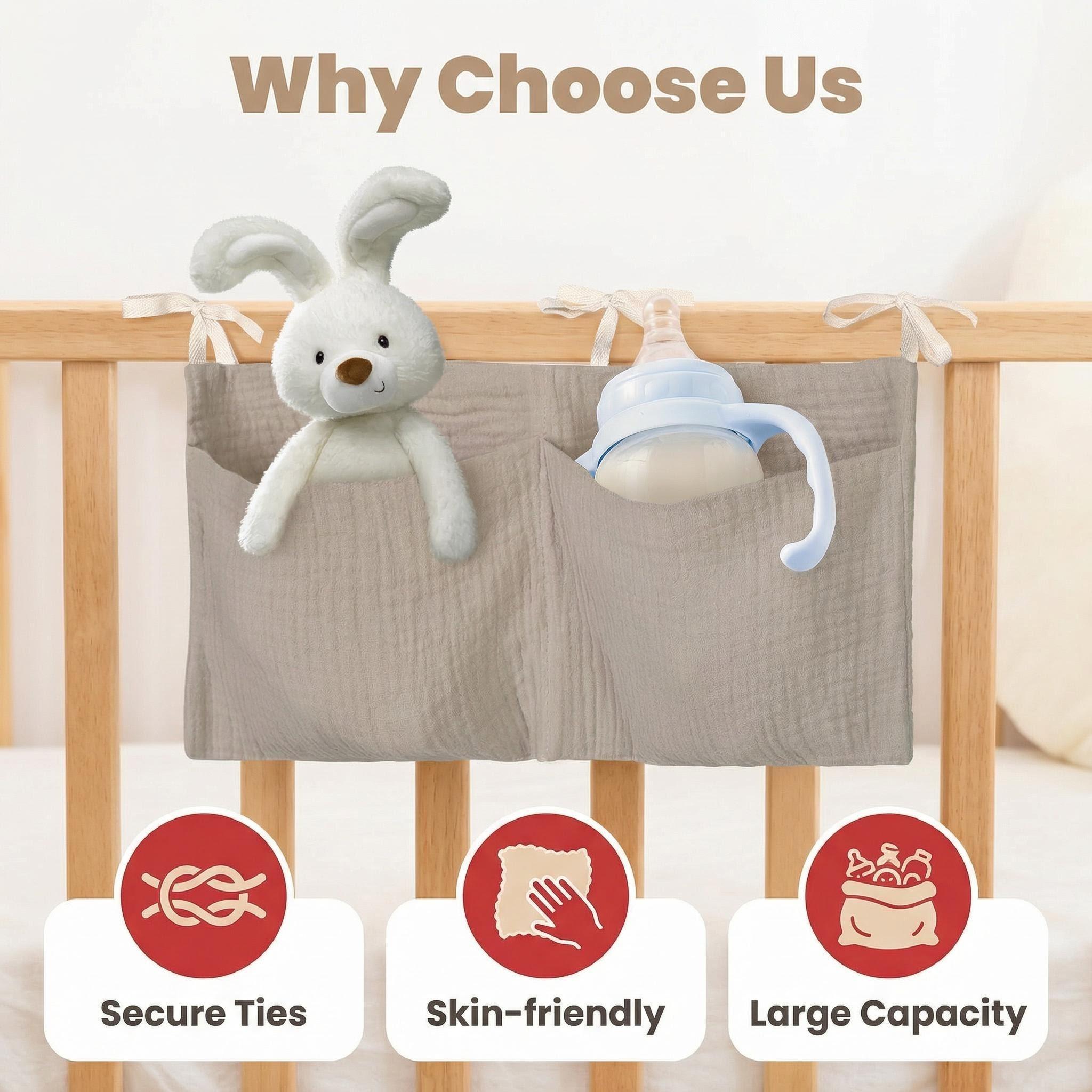 Baby Bed Hanging Bag, Soft Fabric 40x20cm, Toy Bottle Night Feeding Storage, Linen Organizer for Bedtime Toys, Universal Cord Fastening