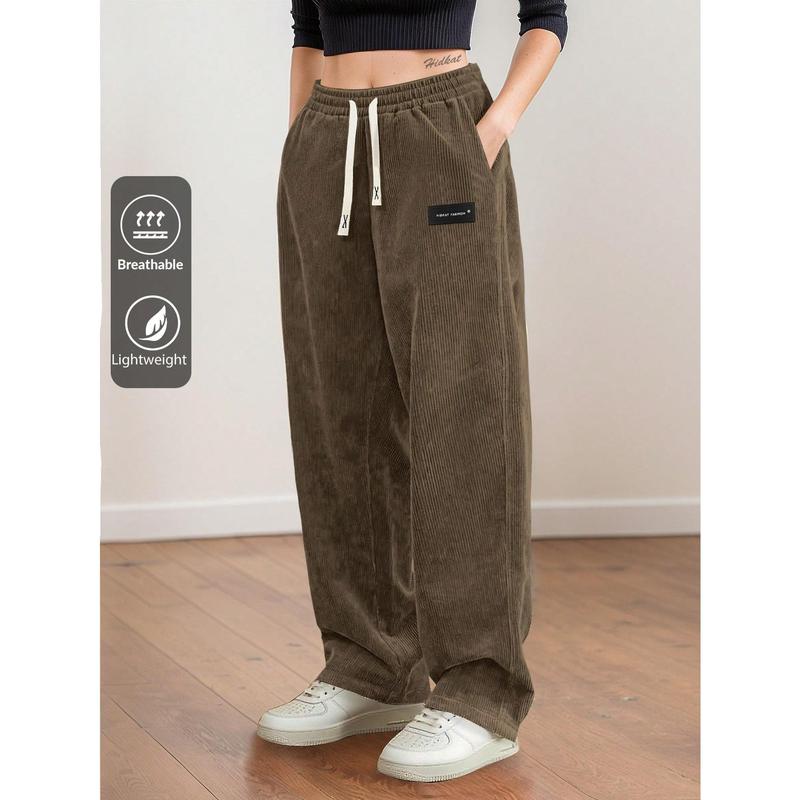 Women's Corduroy Straight Leg Pants, Minimalist Fitted Comfy Design, Drawstring Elastic Mid Waist, Versatile Casual Trousers for Daily Wear & Hiking, Perfect for Spring Autumn Women's Clothes, Ladies' Clothing