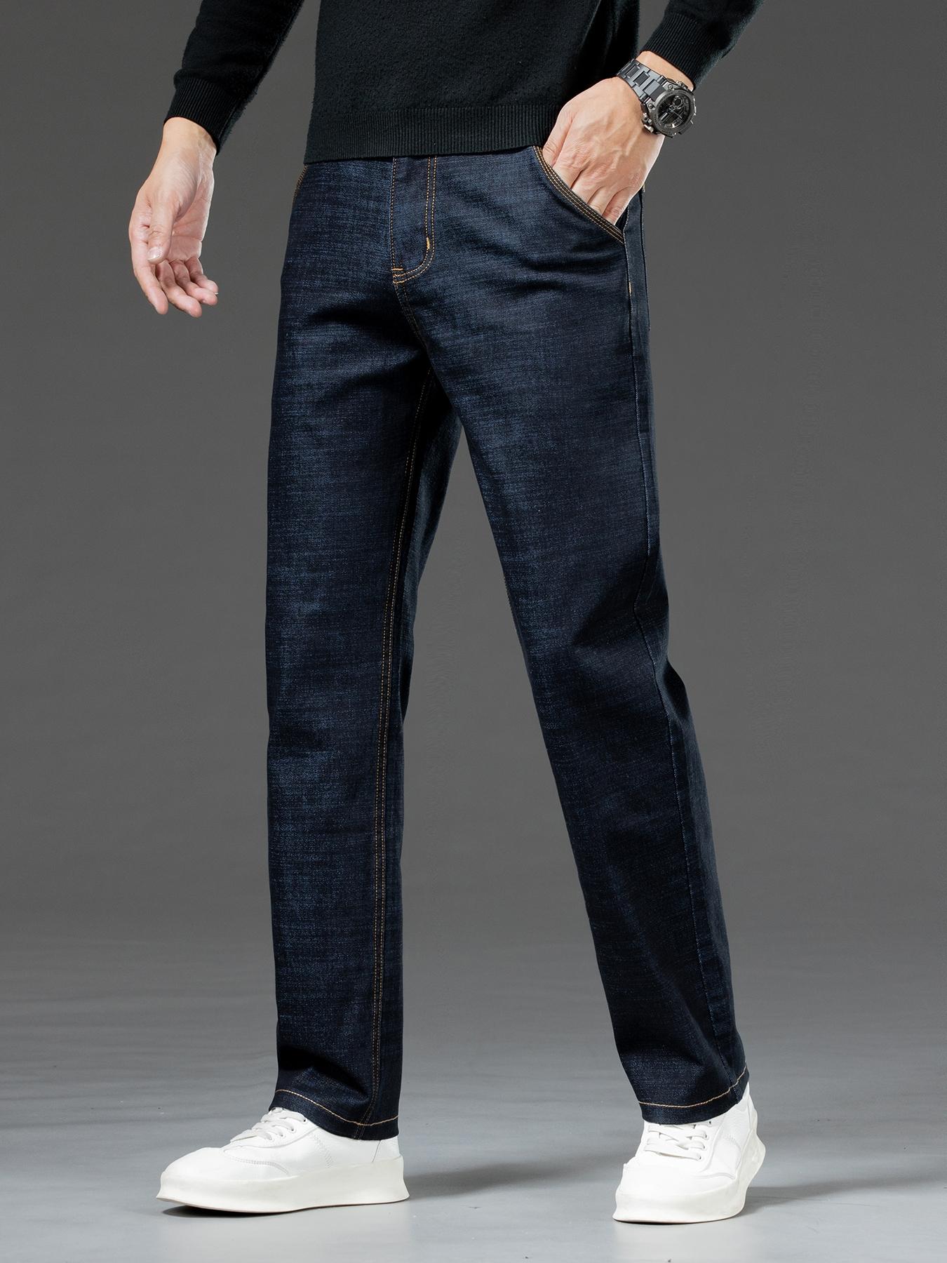 Men's Denim Jeans with Topstitching, Loose Straight Leg Long Pants, Stretch Fashion Pants for Fall & Winter