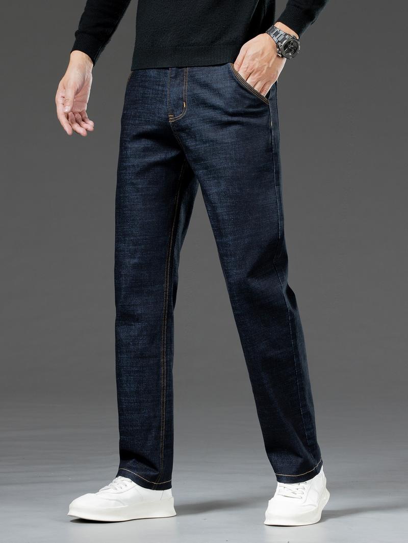 Men's Denim Jeans with Topstitching, Loose Straight Leg Long Pants, Stretch Fashion Pants for Fall & Winter