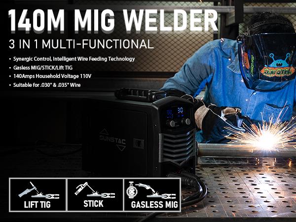 Sunstac SS-140M 110V Gasless MIG Welder 140Amp | Synergic Control & IGBT Inverter Tech | 3-in-1 Flux Core/Lift TIG/Stick Portable Welding Machine