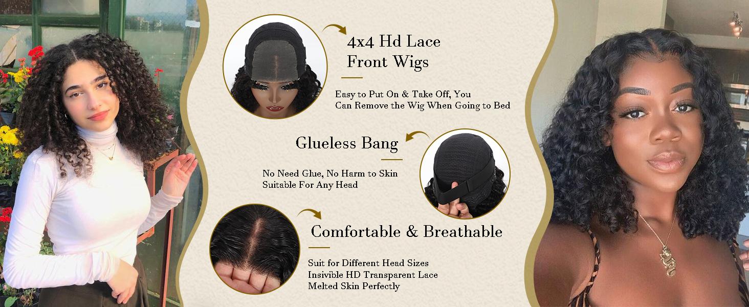 【MiuulaarHair】Wear and Go Glueless Kinky Curly 100% Human Hair wig  4X4 Pre Cut Lace Closure Pre Bleached knots Pre Plucked Natural Hairline  200 Density Natural Black Color Human Hair Wig For Black Women