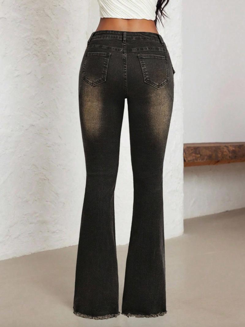 Women's Low Waist Bell-Bottom Jeans With Big Sun Logo Button And Eyelets Big Belt，Bootcut Jeans,Comfortable Stretch Denim Jeans，Patchwork Fringe Washed Vintage Long Pants, Casual Denim Trousers for Everyday Wear